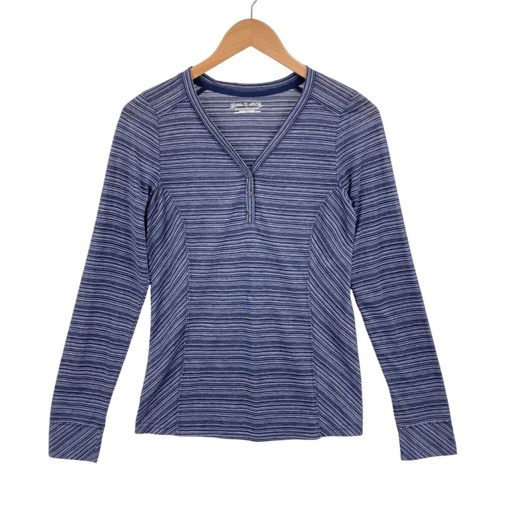 Royal Robbins Shirt Top Womens Medium Blue Striped Long Sleeve V Neck Snap Front